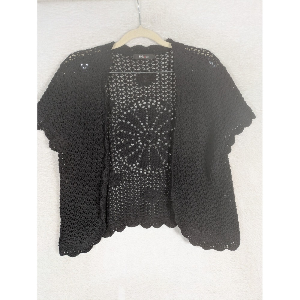 Style & Co Cardigan Women's Medium Black Crochet Open Knit Medallion Back Shrug